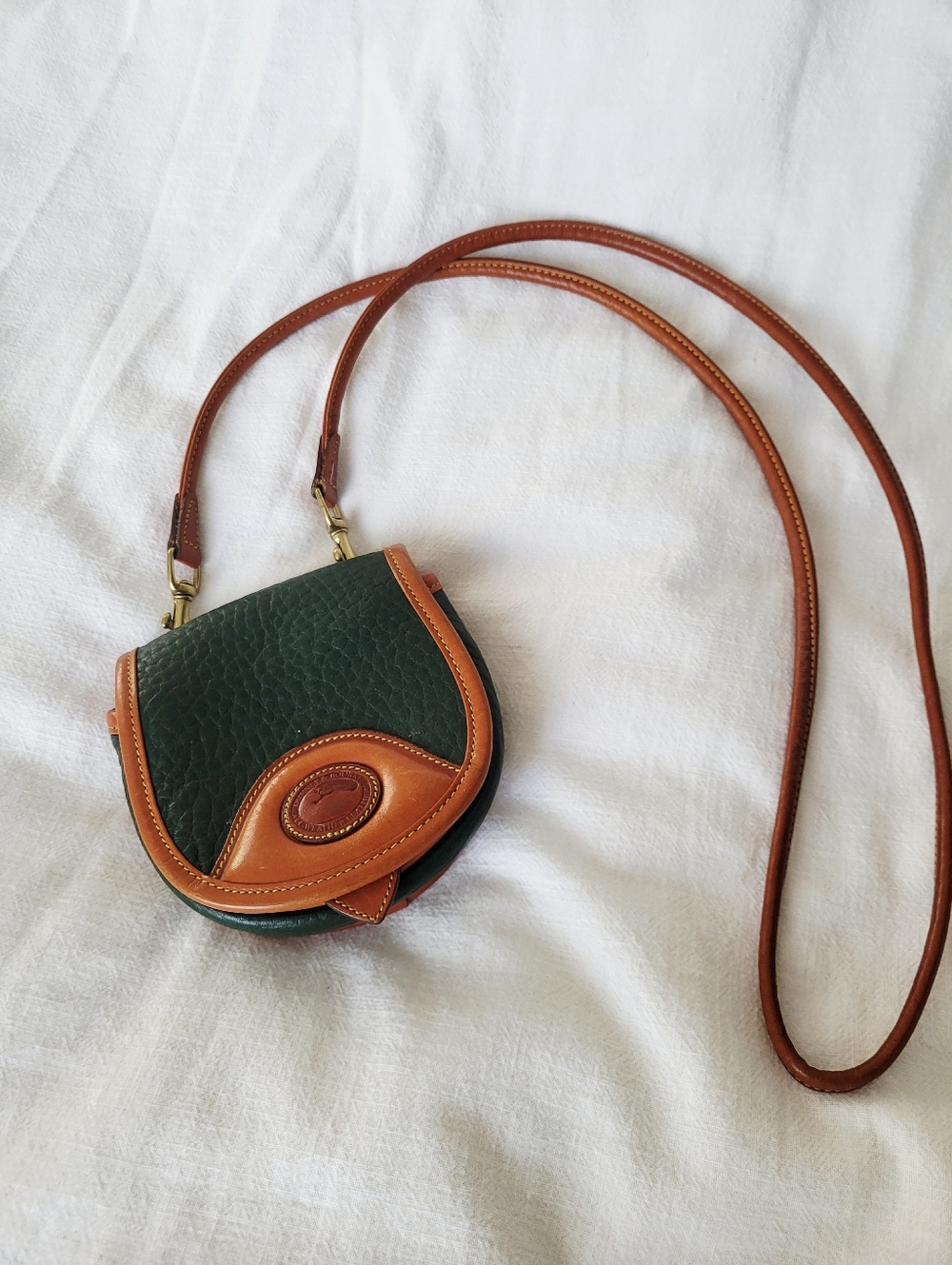 Vintage Dooney & Bourke Green and Tan Pebbled Leather Crossbody Saddle Bag